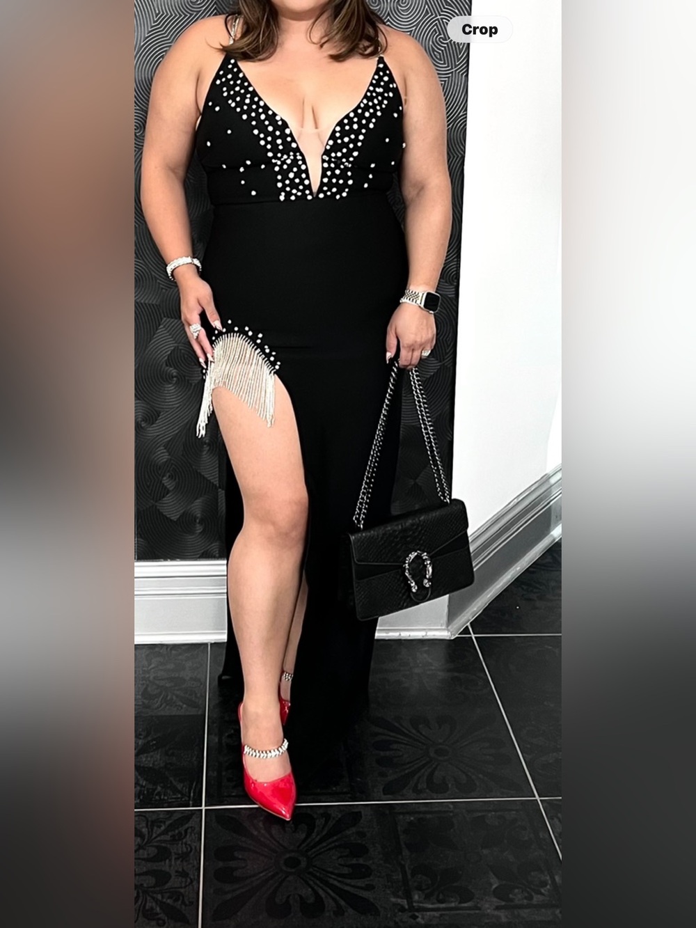 Black Rhinestone-Embellished Plunge Prom Dress with Fringe Slit